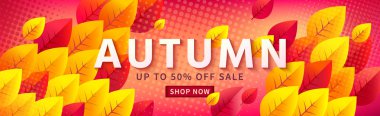 Sonbahar satış vektör promosyon afiş dokulu arka plan üzerinde renkli yaprakları ile. Sonbahar sezonu, mevsimlik indirimler reklam için yatay şablon, mağaza şimdi online, özel teklif kadar 50 kapalı