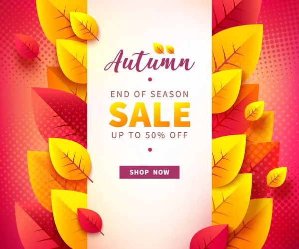Autumn Sale Vector Promotion Banner Colorful Leaves White Frame Textured — Stock Vector