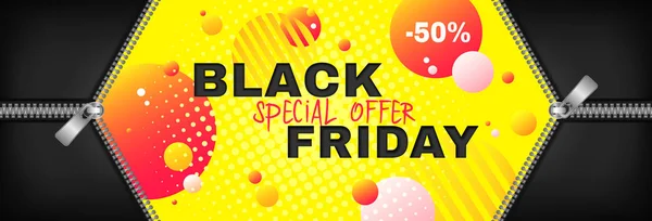 Siyah Cuma satış vektör promosyon web afiş ile sarı arka plan üzerinde iki açık fermuar. Sonbahar sezonu, flyer şablonu için sonbahar mevsimlik indirimler, özel teklif 50 kapalı, reklam afişi