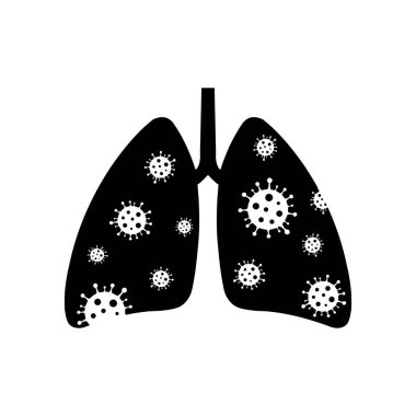 Coronavirus bakteri hücre ikonu ile insan akciğerlerinin tasviri, beyaz arkaplanda izole edilmiş siluet düz ikon vektörü