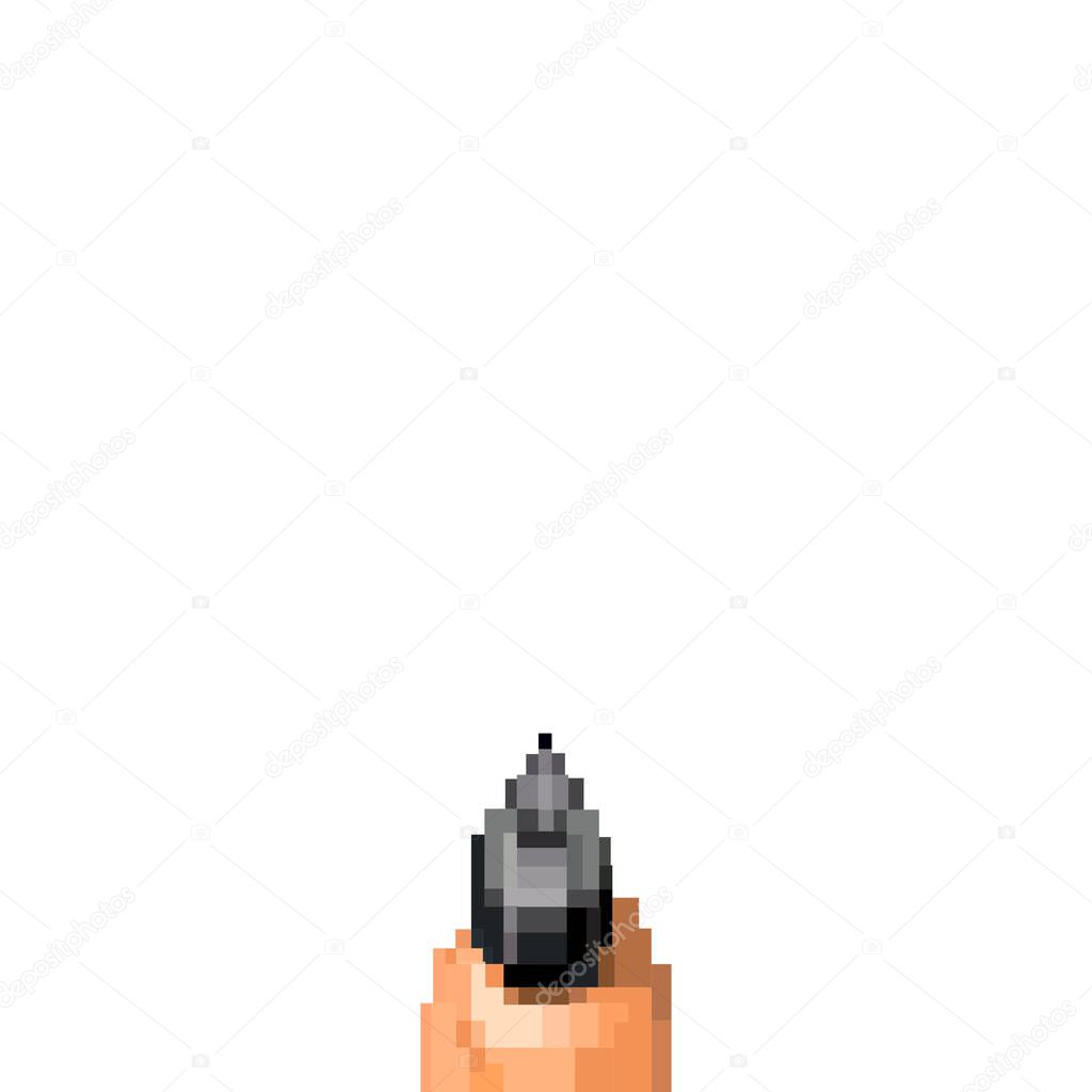 Illustration hand holding gun isolated from old First-Person Shooter computer game, the pixel art of FPS game
