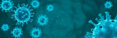 Coronavirus bakterisi COVID-19 pankartı, yüzen grip virüsü hücrelerinin mikroskobik görüntüsü, 3D