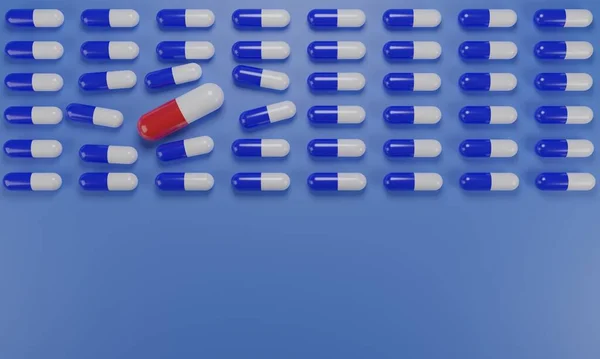 Большая Красная Капсула Медицина Нарушая Ряд Синих Таблеток Препарат Медицинская — стоковое фото