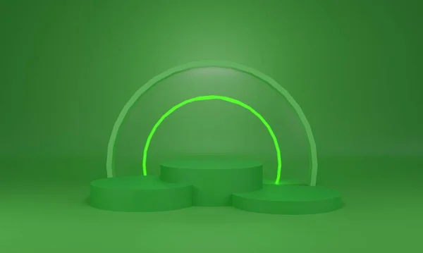Töm Piedestal Display Grön Färg Cylinder Med Lysande Bakgrund Abstrakt — Stockfoto