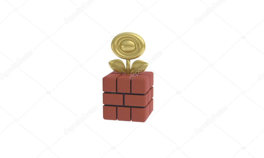 Isolated illustration of famous old arcade video game golden flower on the brick, modern style flower, 3d rendering