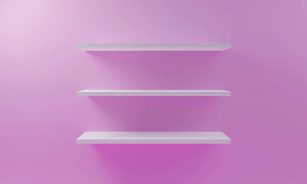Empty white display shelves hanging on the wall, blank bookshelf or retail shelf concept, 3D render