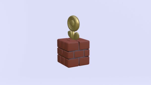 Loop sem costura girando flor dourada no bloco de tijolo, personagem de desenho animado girando, 3D renderizar 4k Ultra HD — Vídeo de Stock