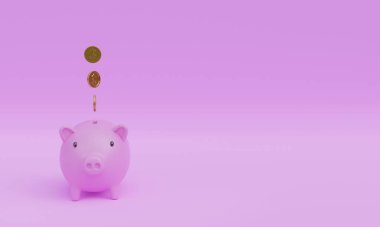 Üzerinde dolar işareti olan yüzen paralar olan pembe domuz kumbarasının 3 boyutlu görüntüsü, gelecek için para biriktirme konsepti