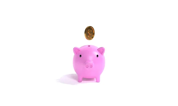 Imagem Ilustração Renderização Banco Piggy Rosa Isolado Com Moedas Flutuantes — Fotografia de Stock