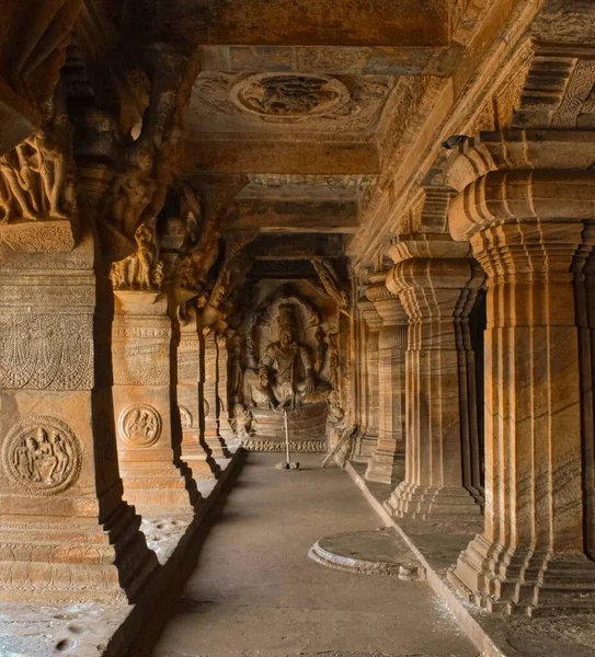 Row of stone pillars having ancient architectural carvings in badami, Karnataka.