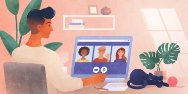 Evden çalışma. Video konferans aracılığıyla bir iş grubu toplantısı düzenleniyor. Uzaktan çalışma, çevrimiçi webinar, Yeni Normal. Çevrimiçi teknoloji konsept vektör çizimi.