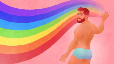 Mayolu adam PRIDE etkinliklerine katılıyor. LGBT 'nin haklarını ve hareketlerini temsil etmek için gökkuşağını boyayan muhteşem kızıl saçlı erkek. Eşcinsel, biseksüel, lezbiyen ve transseksüel eylemciler. Vektör illüstrasyonu.