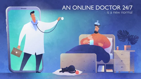 Online Doktor Konzept Banner Vorlage Telemedizinische Unterstützung Ein Videoanruf Eines — Stockvektor