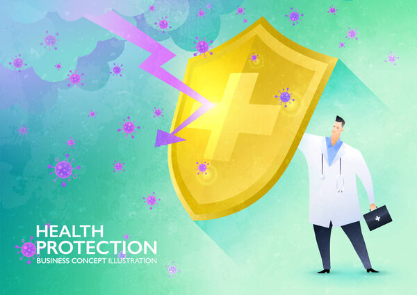 Health protection concept. Doctor rising the golden shield against the storm of viruses and lightning protecting himself from harm. Business vector illustration. — Stock Illustration Health Protection Concept Doctor Rising Golden Shield Storm Viruses Lightning — Stock Vector