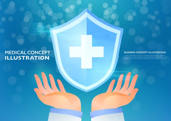 Doctor Hands Holding Medical Shield Blue Green Bokeh Background Healthcare — Stock Vector