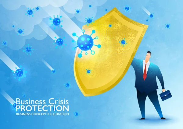 ビジネス危機保護 コロナウイルス危機のビジネスを支援するための保険カバーと政府の政策 ビジネスマンはCovid 19から身を守るために黄金の盾を持っています ベクターイラスト — ストックベクタ