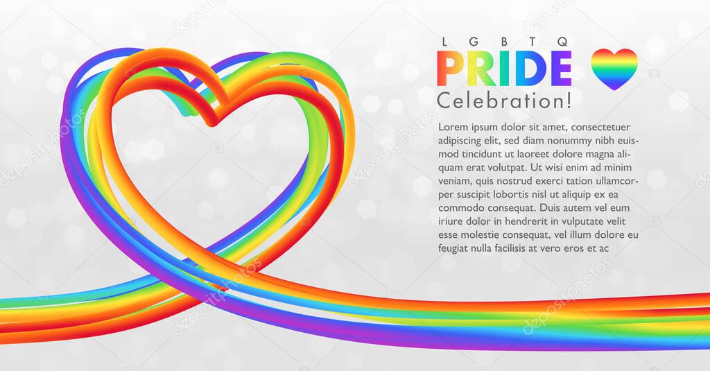 Colorful rainbow heart shape banner for LGBTQ pride celebration. Abstract 3D striped objects on white bokeh background with copy space. Vector illustration template.