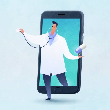 Teletıp ve TeleHealth konsept vektör çizimi. İnternet teknolojisiyle tıbbi danışmanlık ve tıp pratiği. Bir çizgi film karakteri akıllı telefondan çıkarken hap taşır..