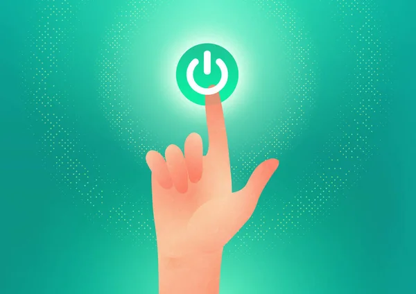 見出しやテキストのためのスペースと緑の背景に電源ボタンをオンに指を使用してアイコン上の力を示す男性の手 — ストックベクタ