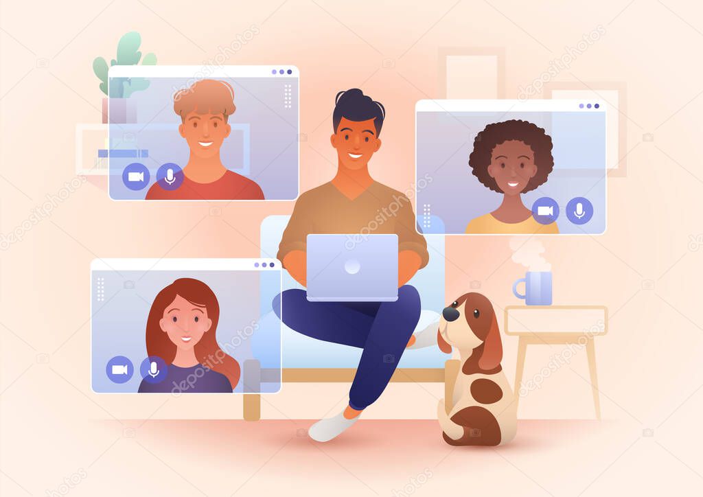 A group for young smile people video call in their own living rooms. Online friends meeting, Work from Home, Remote work, teleconference, New normal. Conceptual vector illustration.