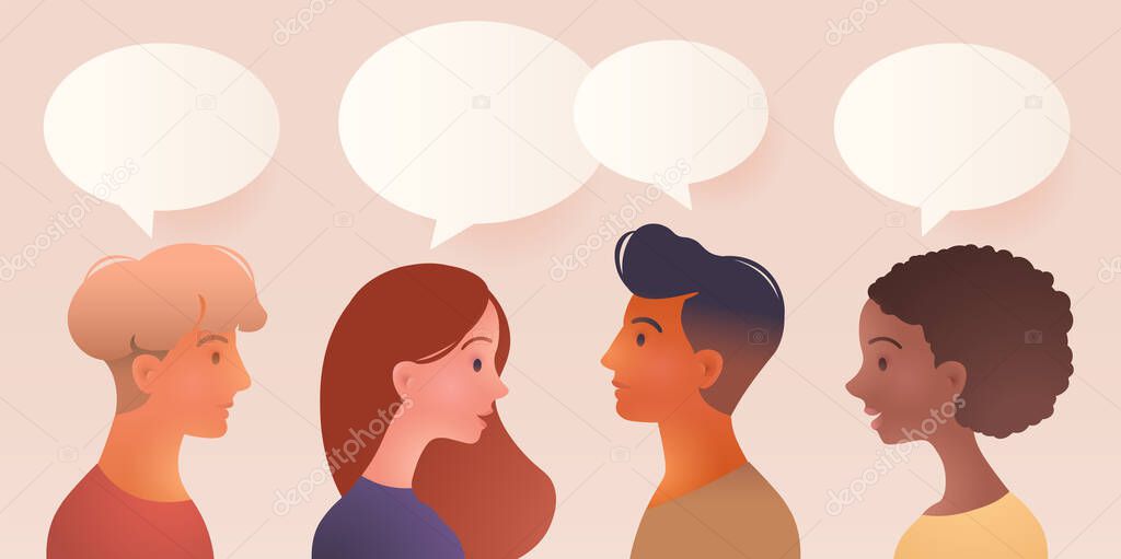 Business group meeting and discussion concept. Male and Female cartoon characters chatting and exchanging information with speech bubbles floating over them. People talk. Flat vector illustration.