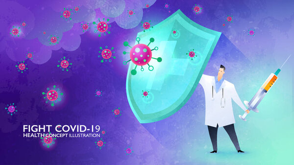 Fight Covid Concept Illustration Doctor Rising Shield Storm Viruses Ready — Stock Vector