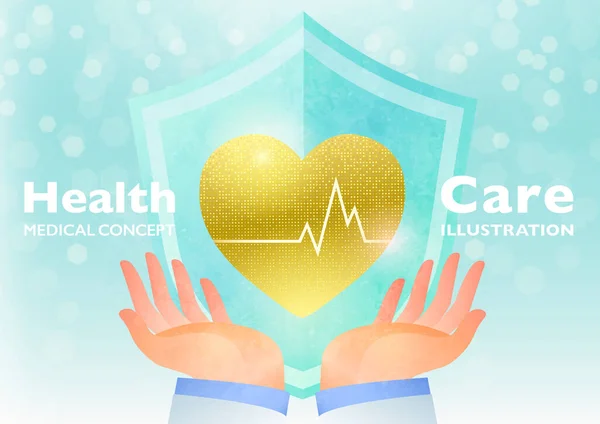 Healthcare Medicine Concept Doctor Hands Rising Golden Heart Pulse Graph — Stock Vector