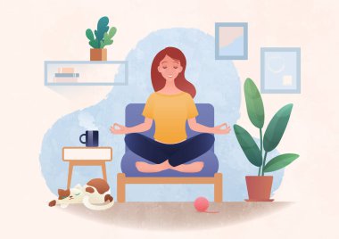 Nilüfer çiçekli yoga ve evde sabah meditasyonu yapan genç ve sağlıklı bir kadın. Meditasyon ve zihin konsepti vektör çizimi