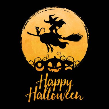 Süpürgede kedisiyle dolunaya karşı uçan ve balkabağı siluetine bakan güzel bir cadı. Cadılar bayramı konsept vektör illüstrasyonunuz kutlu olsun.