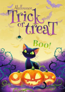 Mutlu Cadılar Bayramı davetiyeleri. Bayram şakası ya da şeker posteri. Çizgi film kara kedi suratlı balkabağı yarasası ve dolunay arka planında örümcek. Tebrik kartı. Suluboya tasarımı. Vektör illüstrasyonu