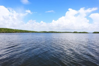 Homestead, FL 'deki Biscayne Ulusal Parkı' ndan okyanus manzarası, rıhtımdan çok uzaktaki Elliot Key, temiz mavi okyanus suyu..