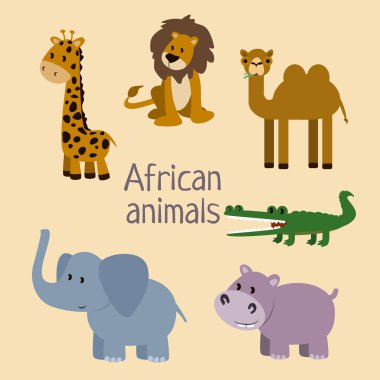 Afrikalı hayvanlar düz vektör illüstrasyon çizgi filmi