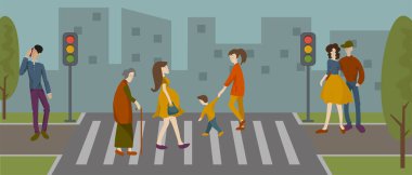 Sokakta yürüyen düz vektör çizimleri. Anne ve çocuk, yaşlı kadın, romantik çift