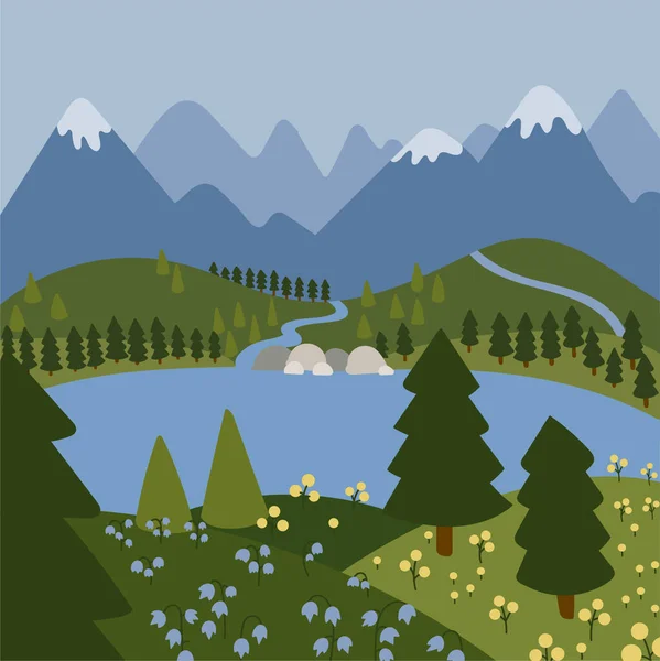 Плоский Пейзаж Векторні Ілюстрації Фон Гір Лісове Озеро Річка — стоковий вектор