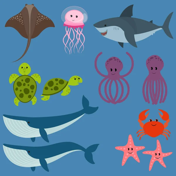 Sea Animals Flat Vector Illustration Cartoon Animals — Stock Vector