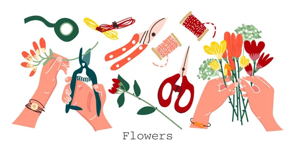 Floristisches Zubehör Auf Einem Isolierten Hintergrund Blumenstrauß Der Hand Schnittblumen — Stockvektor