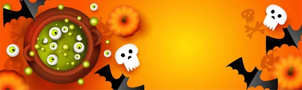 Halloween background for the site. Orange background with pumpkins, bats and skulls. Volume illustration. Banner for discounts and invitations. Halloween is a holiday on October 31.