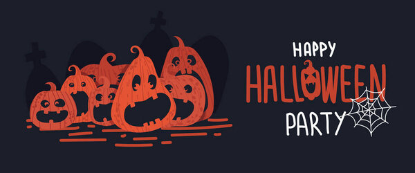 Halloween background for the site. Orange background with pumpkins, bats and skulls. Halloween Caption. Banner for discounts and invitations. Halloween is a holiday on October 31. Vector