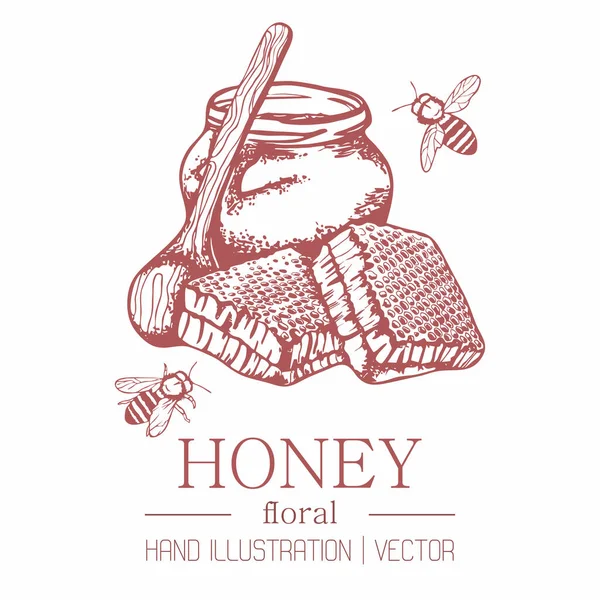 Μέλι Κηρήθρες Και Μέλισσες Απομονωμένο Υπόβαθρο Έννοια Της Συσκευασίας Μελιού — Διανυσματικό Αρχείο