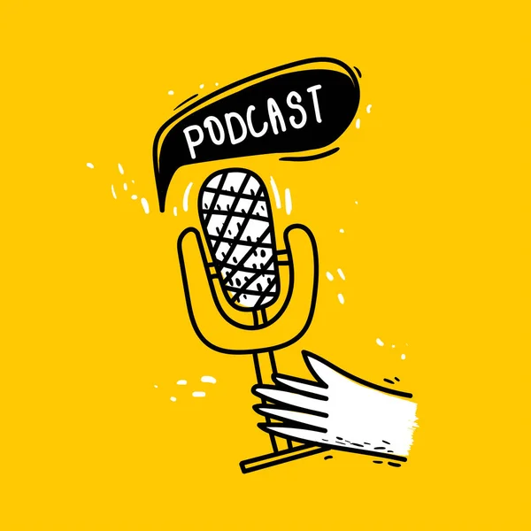 Mikrofon Ilustracja Podcastu Media Dziewczyna Opowiada Historię Znak Napisem Podcast — Wektor stockowy