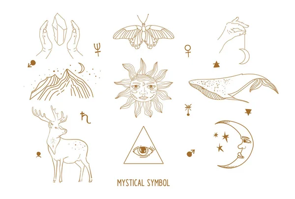 Mystische Symbole Astrologie Ethnisches Set Magie Auf Isoliertem Hintergrund Das — Stockvektor