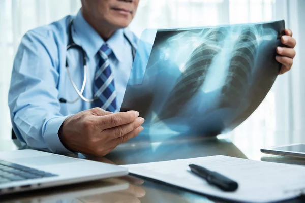 Asian Senior Male Doctor Blue Shirt Looking Ray Film Medical — Stock Photo, Image