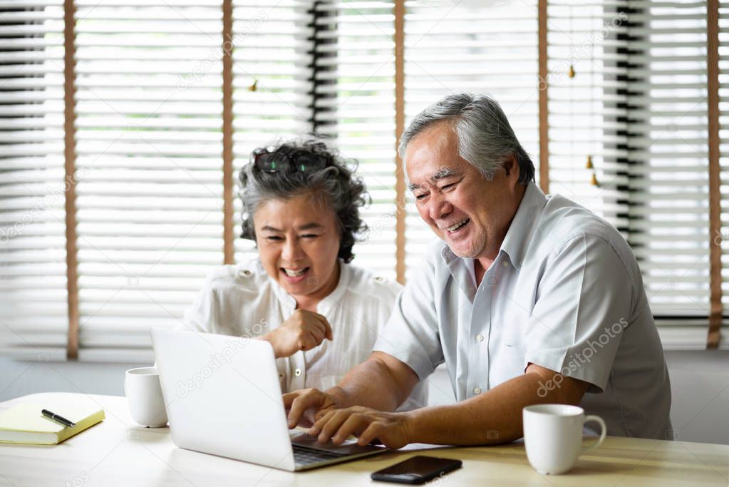 Relaxing Asian Senior Couple having fun with laptop computer together at their Apartment. Online shopping, Retirement.