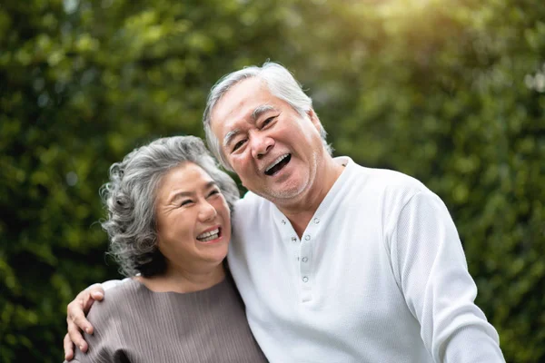 Portrait Asian Senior Couple Laughing Park Happy Elderly Positive Feeling — Stock Photo, Image