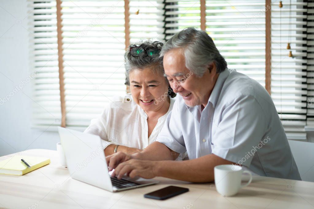 Happy Asian Senior couple doing online shopping with a Laptop computer technology.