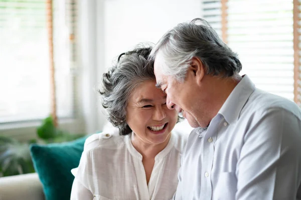 Asian Senior Couple Love Laughing Having Fun House Anniversary Copy — Stock Photo, Image