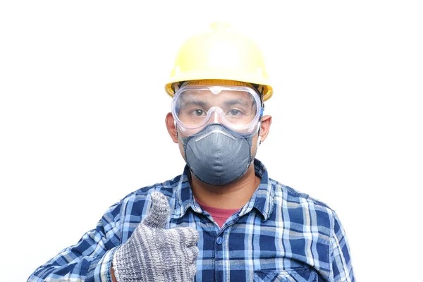 Bild Mannen Bär Skyddshjälm Google Och Mask Med Mask Handen — Stockfoto