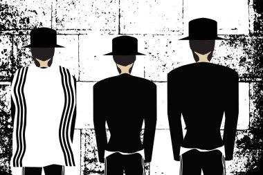 Batı duvarı, Jerusalem. Ağlama duvarı. Dini Yahudi Hasidim şapka ve talit için dua ediyorum. Siyah ve beyaz vektör çizim