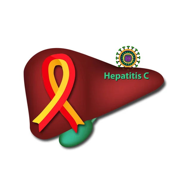 Cinta roja amarilla en el hígado. Virus Hepatitis C. Día Mundial de la Hepatitis. Ilustración vectorial sobre fondo aislado . — Vector de stock