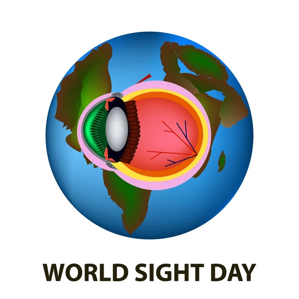 世界視力デー。10 月 11 日。惑星の地球。目の解剖学的構造。孤立した背景のベクトル図 — ストックベクタ